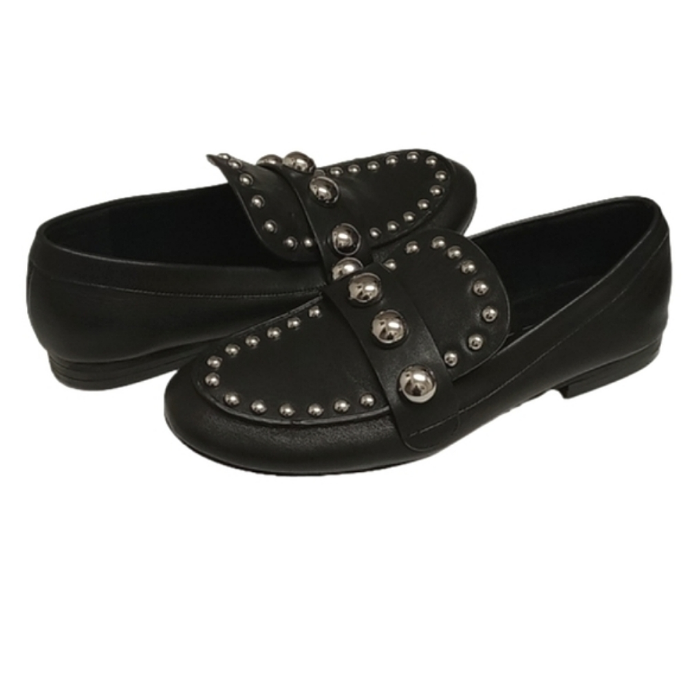 KARL LAGERFELD "AVAH" BLACK LEATHER LOAFER FLATS SHOES WITH SILVER DOME … - Picture 2 of 13